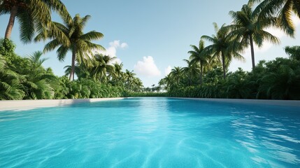 Obraz premium A serene tropical landscape featuring a tranquil blue pool surrounded by lush palm trees and bright skies, perfect for relaxation.