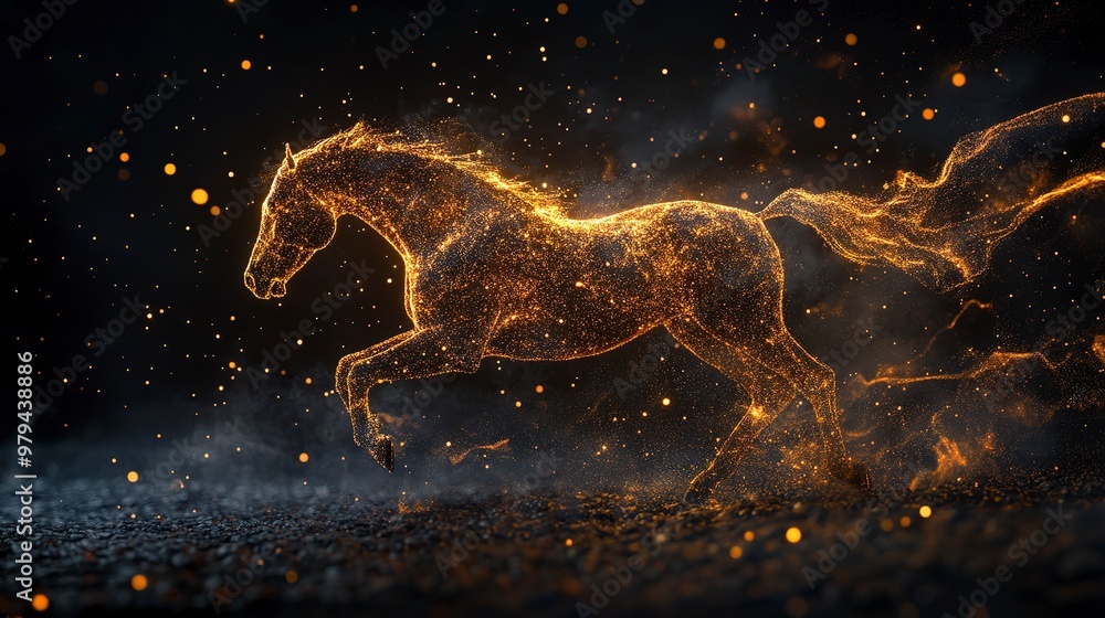 Poster a horse made of particles running in the dark.