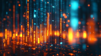 Fototapeta premium A dividend stock financial concept featuring a digital candlestick chart overlay against a blurred city background, highlighting futuristic trading and investment analysis with glowing data points.