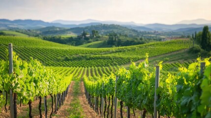 Fototapeta premium Vibrant vineyard landscape, rolling hills adorned with lush grapevines, ideal for wine production, inviting atmosphere, perfect for showcasing text and promoting wine-related content