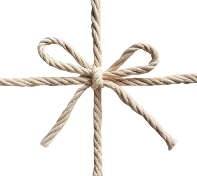 A neatly tied bow made of natural rope against a transparent background, symbolizing crafting and decorative arts