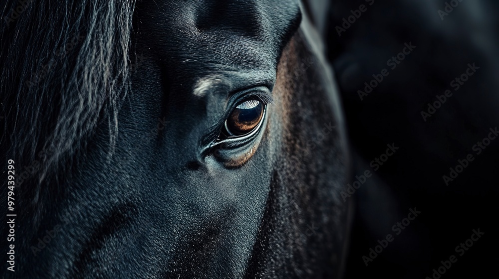 Poster close up portrait of a horse's face on a dark background, suitable for use in editorial or commercia