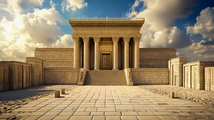 A majestic view of Solomon's Temple, built during the height of Solomon's power, as described in the Bible.
