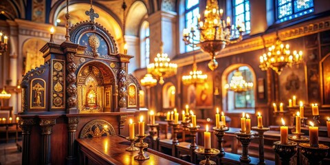 Naklejka premium Intimate mystic Sephardic synagogue interior with ancient holy icon, warm golden lighting, shallow depth of field, and soft bokeh
