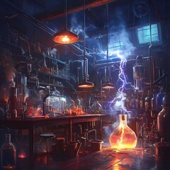 Spooky Mad Scientist Laboratory with Bubbling Potions, Tesla Coils, and Strange Inventions for Halloween Atmosphere