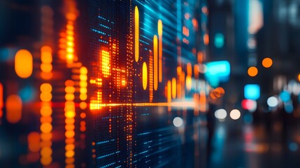 Fototapeta premium A dividend stock financial concept featuring a digital candlestick chart overlay against a blurred city background, highlighting futuristic trading and investment analysis with glowing data points.