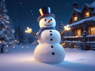 Snowman decoration celebrates winter with glowing lights generated AI