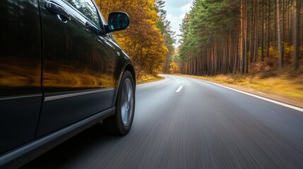 Obraz premium Adventurous Journey Through Pine Forests, a vibrant road trip with a car moving amidst towering trees, embracing the thrill of exploration and the beauty of nature.