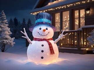 Obraz premium Snowman decoration celebrates winter with glowing lights generated AI