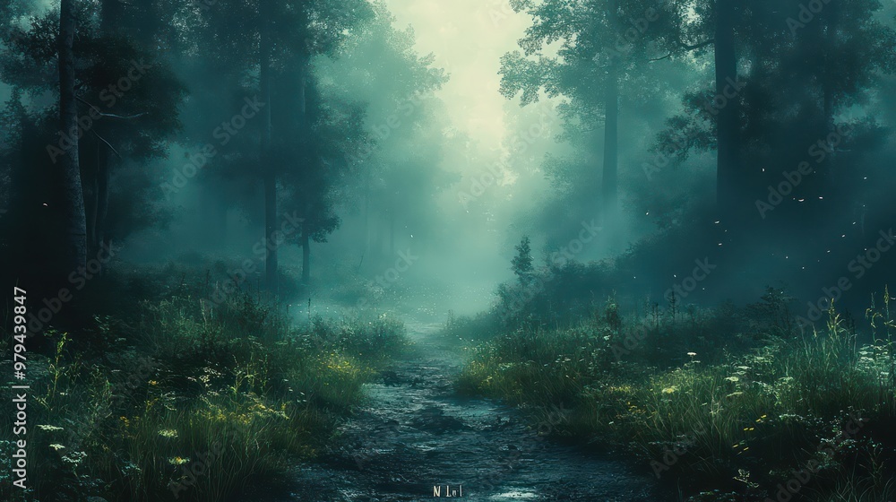Poster A forest with a path through it