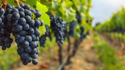 Vineyard Harvest Celebration, vibrant vines laden with ripe grapes, bustling activity in lush farmland, the essence of winemaking in full swing, a seasonal bounty unfolding.