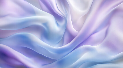 Abstract folds of silky fabric in pastel tones of lavender and sky blue, with gentle curves and soft shadows creating a flowing, dynamic texture.