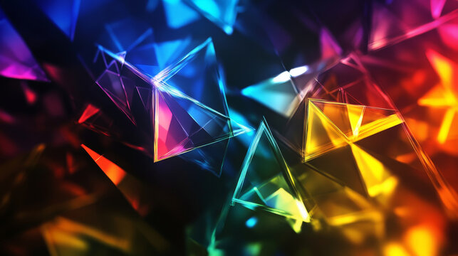 Abstract prism shapes reflect a radiant color spectrum from blue to yellow, creating a dynamic, colorful backdrop with bright light shards across a deep black background.