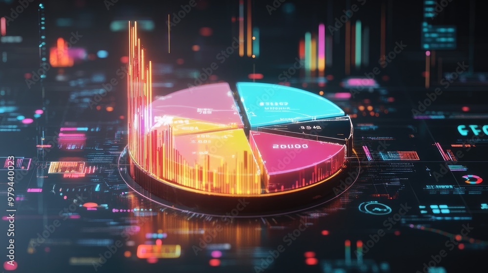 Poster exploded 3d pie chart with each segment hovering separately, surrounded by digital data icons