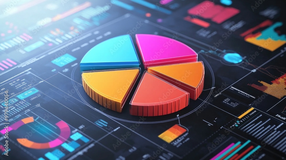 Poster exploded 3d pie chart with each segment hovering separately, surrounded by digital data icons