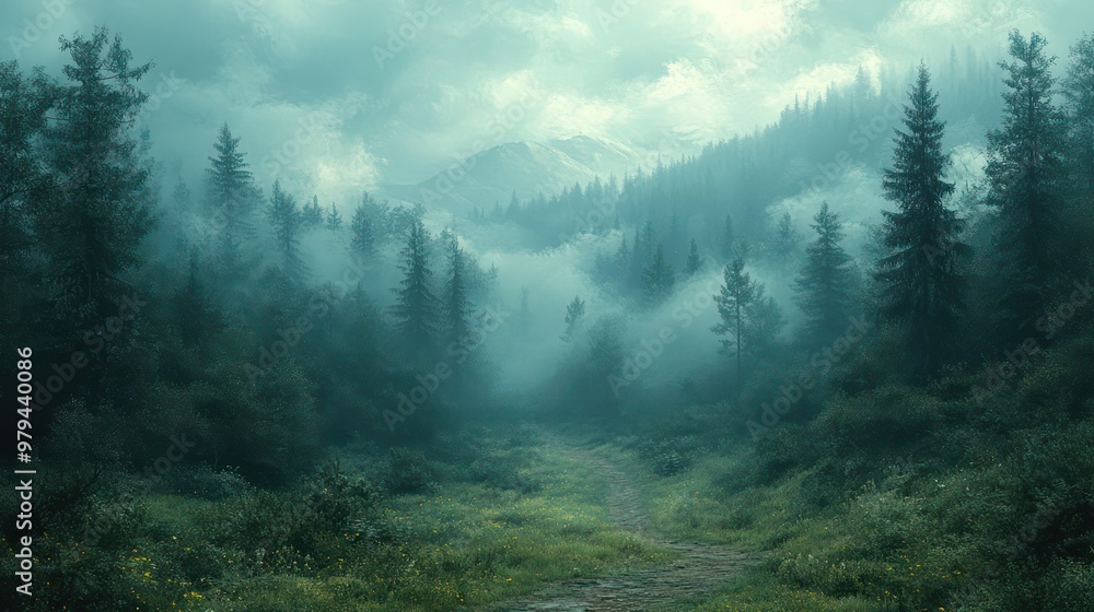 Aufkleber A forest with a foggy mist and a path through it