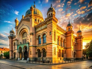 Naklejka premium Grand European synagogue architecture with ornate Moorish icon, warm afternoon sunlight, and dramatic long shadows