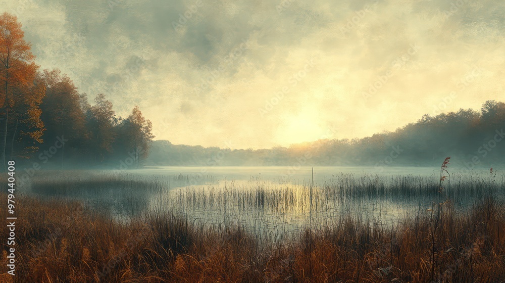 Poster A lake with a cloudy sky and a sun setting in the background