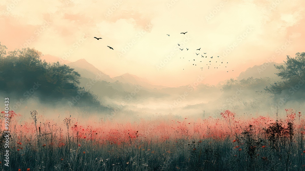 Poster a field of flowers with a cloudy sky in the background