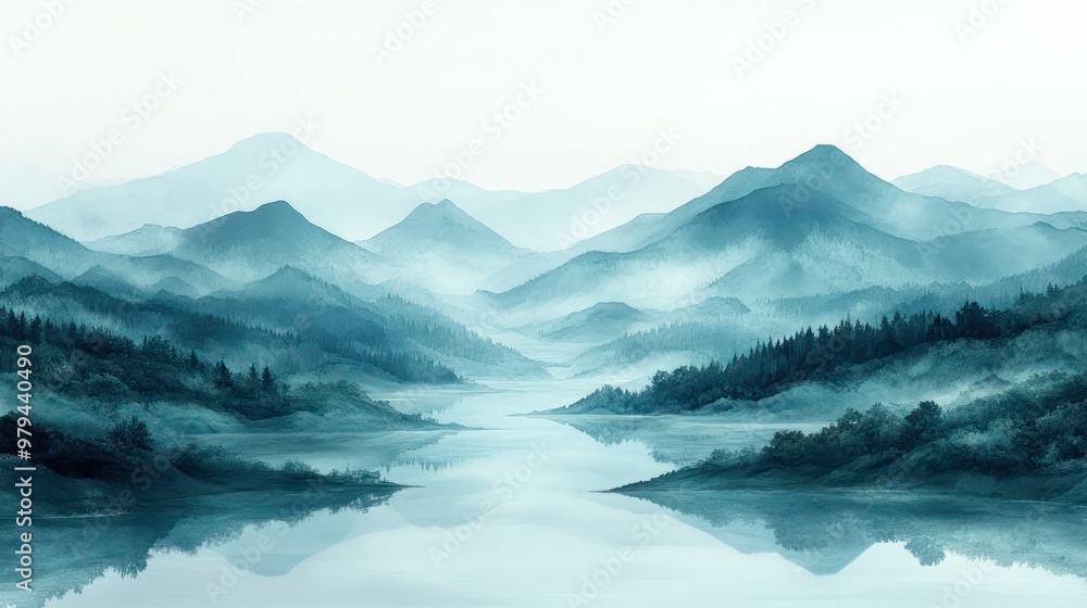 Poster a mountain range with a lake in the foreground