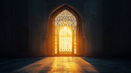 A ray of light shines through the window in an Islamic mosque, casting shadows on its walls and ground. The background is dark with intricate patterns