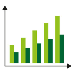 Bar chart icon. Green and dark green bars. Upward trend symbol. Vector data graphic.