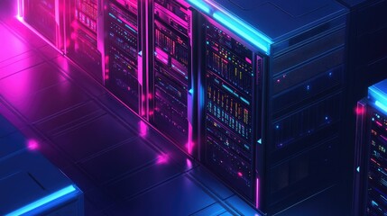 A glowing server room in an isometric design, featuring datacenters and big data processing technology.