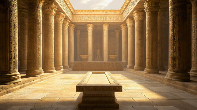 The inner sanctum of Solomon's Temple with a large altar in the middle, Solomon's Temple built by the most powerful king with God's help.