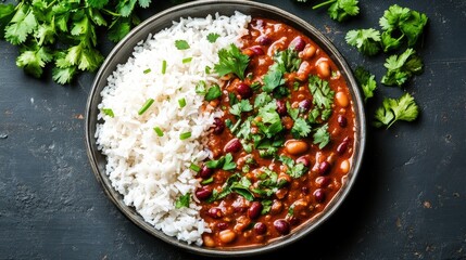 Hearty bowl of kidney bean curry (rajma) alongside a mound of boiled rice, garnished with fresh cilantro. A staple of North Indian cuisine.