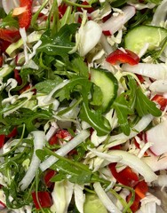 Fresh vegetable salad vegetarian food with arugula cucumber onion and red pepper vertical photo close up