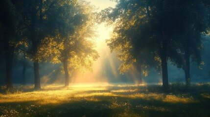 Obraz premium A forest with trees in the foreground and a field in the background