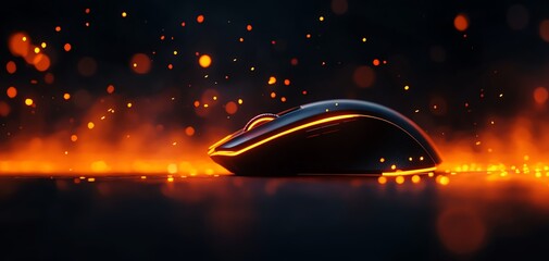 A sleek, modern computer mouse glowing amidst dynamic sparks and fiery elements, showcasing high-tech design in a dark environment.