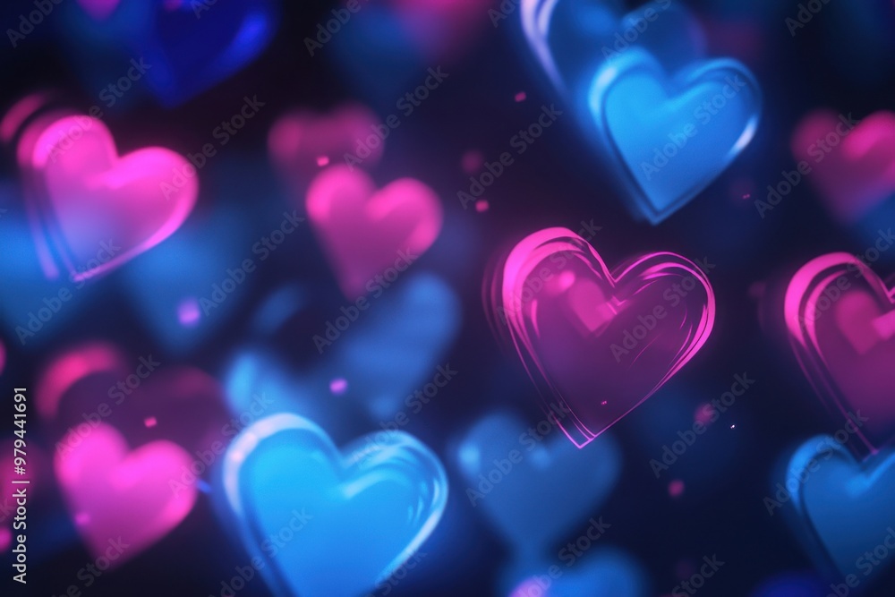Poster vivid vertical animation showcasing abundant hearts in neon blue and magenta on a dark background - 