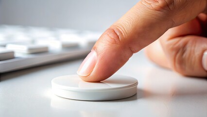 Fototapeta premium Dramatic Shallow Focus Finger Pressing Minimalist White Button