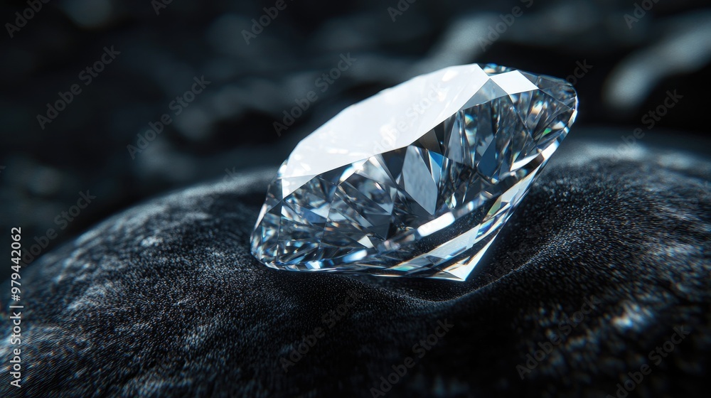 Poster macro image of a diamond on black velvet, emphasizing its sharp edges and flawless surface