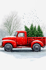 A retro red pickup truck filled with Christmas gifts and Christmas trees is in a hurry to wish everyone a happy holiday. Vertical