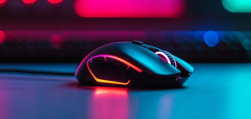 Close-up of a modern gaming mouse with colorful LED lights glowing against a vibrant background, ideal for tech and gaming themes.