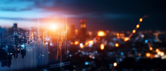 Fototapeta premium Bright city skyline at dusk with glowing lights and abstract lines, creating a dynamic urban atmosphere.