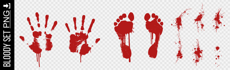 Set blood traces. Vector set blood, stains and marks. Bloody hands and feet on transparent background. Set bloody textures with remains of traces. Blood stains and splatters on transparent background