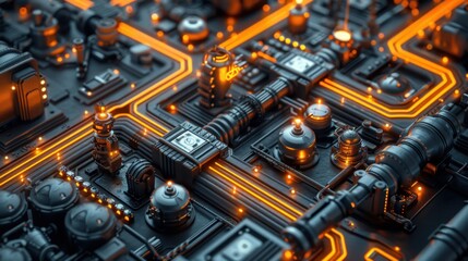 Fototapeta premium Abstract futuristic circuit board with glowing orange pathways, showcasing advanced technology and intricate design.