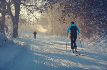 A cross-country skier in a blue and black outfit, on a snow-covered path through a winter forest with another person running behind her, in soft light and morning mist