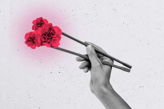 Composite trend artwork sketch image 3D photo collage of copyspace huge hand hold japanese sticks eating tool food flower spring bouquet - Powered by Adobe