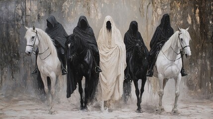 Four Riders in Cloaks on White and Black Horses 