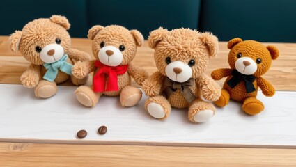 Four Teddy Bears Sitting on a White Table