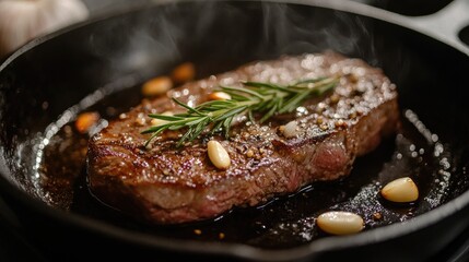 Sizzling steak in a hot cast-iron skillet, with garlic and rosemary, creating a mouth-watering aroma