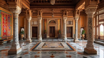 Majestic Grand Indian Palace Hall Featuring Intricate Marble Inlays Vibrant Tapestries and Exquisite Carved Wooden Columns Showcasing Royal Heritage Decor