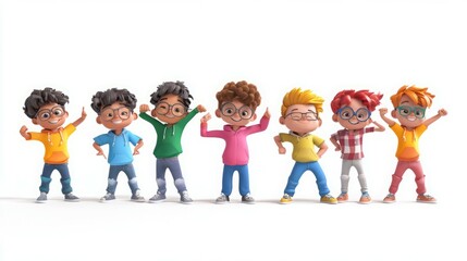 Fototapeta premium Seven cartoon boys stand in a row, all smiling and wearing glasses.