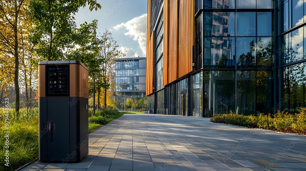 Poster solar-powered smart waste bin with real-time data monitoring outside modern office building