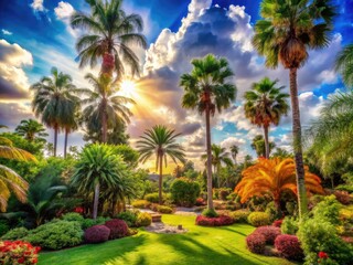 summer warm vibrant tropical palm tree garden oasis bright colors bold contrast stark shadows intense light dramatic clouds blue sky freedom