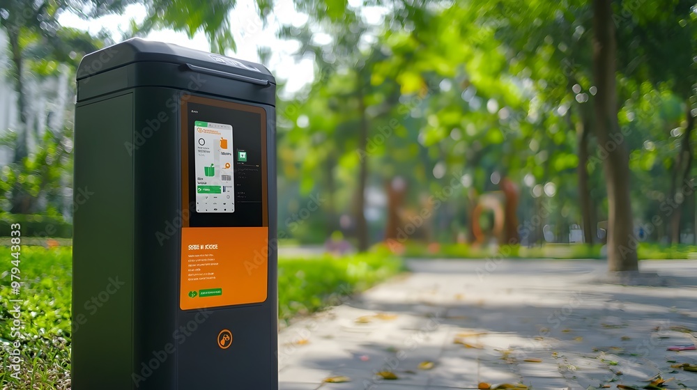 Aufkleber smart waste bin in park with mobile app interface for tracking and monitoring sustainable technology